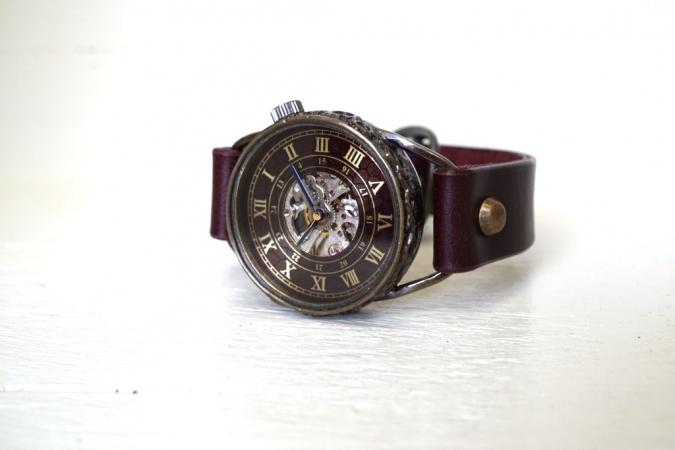 MK-6 メカニックワールド　SV　Mサイズ　真鍮 ワインブラウン　手作り腕時計