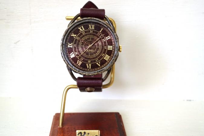 L-4 クラック ワールド ローマ 真鍮 Lサイズ　ワインブラウン　手作り腕時計