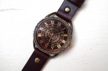 L-4 クラック ワールド ローマ 真鍮 Lサイズ　ワインブラウン　手作り腕時計