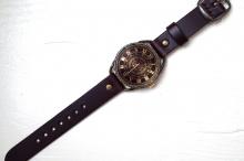 L-4 クラック ワールド ローマ 真鍮 Lサイズ　ワインブラウン　手作り腕時計