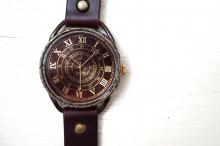 L-4 クラック ワールド ローマ 真鍮 Lサイズ　ワインブラウン　手作り腕時計