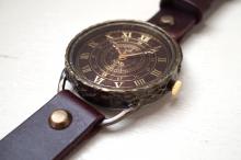 L-4 クラック ワールド ローマ 真鍮 Lサイズ　ワインブラウン　手作り腕時計