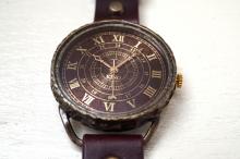 L-4 クラック ワールド ローマ 真鍮 Lサイズ　ワインブラウン　手作り腕時計