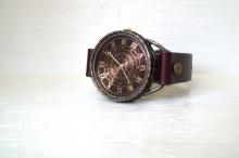 L-4 クラック ワールド ローマ 真鍮 Lサイズ　ワインブラウン　手作り腕時計
