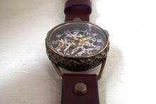 メカニックシルバー　AT　Mサイズ　ワインブラウン 真鍮 　手作り腕時計