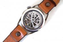 メカニックシルバー　AT　Mサイズ　キャメル 真鍮 　手作り腕時計