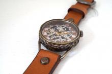 メカニックシルバー　AT　Mサイズ　キャメル 真鍮 　手作り腕時計