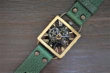 メカニックブラックスクエア　真鍮　グリーン　手作り腕時計