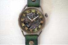 メカニックブラック　AT　Mサイズ　グリーン 真鍮 　手作り腕時計