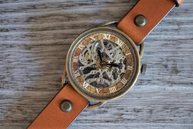 メカニックシルバー　AT　キャメル　真鍮　手作り腕時計
