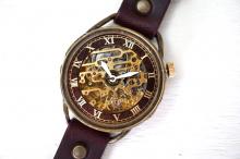 メカニックゴールド　AT　ワインブラウン　真鍮　手作り腕時計