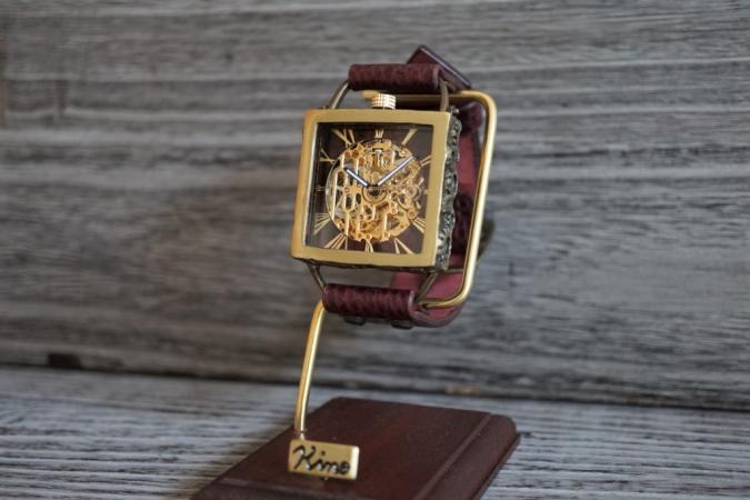 メカニックゴールドスクエア　真鍮　ワインブラウン　手作り腕時計