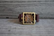 メカニックゴールドスクエア　真鍮　ワインブラウン　手作り腕時計