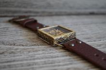 メカニックゴールドスクエア　真鍮　ワインブラウン　手作り腕時計