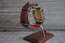 メカニックゴールドスクエア　真鍮　ワインブラウン　手作り腕時計