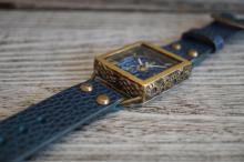 メカニックブルースクエア　真鍮　ブルー　手作り腕時計