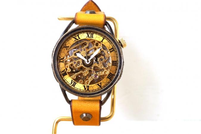 メカニックゴールド　AT　イエロー　真鍮　手作り腕時計