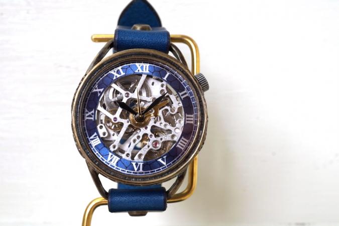 メカニックシルバー　AT　ブルー　真鍮　手作り腕時計