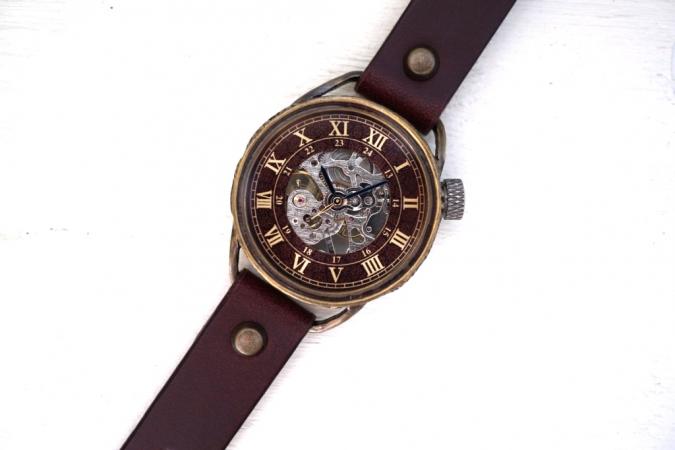 メカニックワールド　SV　Lサイズ　真鍮　 ワインブラウン 手作り腕時計
