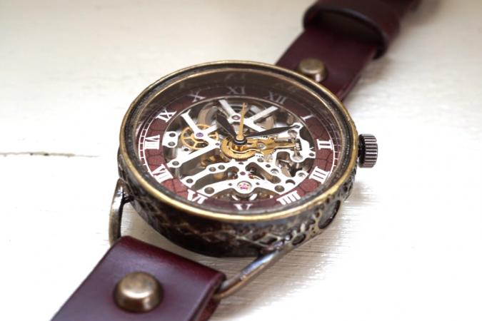 メカニックシルバー　AT　ワインブラウン　真鍮　手作り腕時計