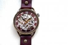 メカニックシルバー　AT　ワインブラウン　真鍮　手作り腕時計
