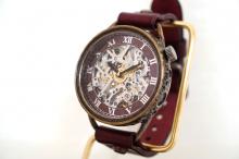 メカニックシルバー　AT　ワインブラウン　真鍮　手作り腕時計