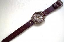メカニックシルバー　AT　ワインブラウン　真鍮　手作り腕時計