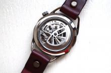 メカニックシルバー　AT　ワインブラウン　真鍮　手作り腕時計