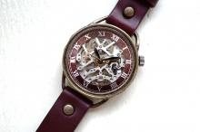 メカニックシルバー　AT　ワインブラウン　真鍮　手作り腕時計