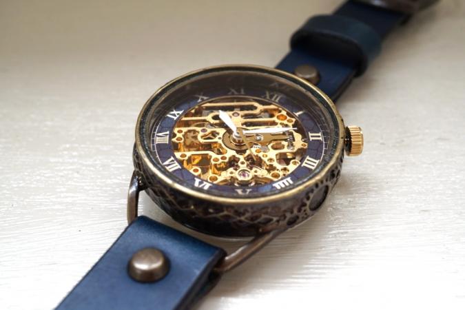 メカニックゴールド　AT　ブルー　真鍮　手作り腕時計