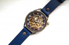 メカニックゴールド　AT　ブルー　真鍮　手作り腕時計