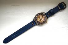 メカニックゴールド　AT　ブルー　真鍮　手作り腕時計