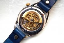 メカニックゴールド　AT　ブルー　真鍮　手作り腕時計