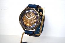 メカニックゴールド　AT　ブルー　真鍮　手作り腕時計